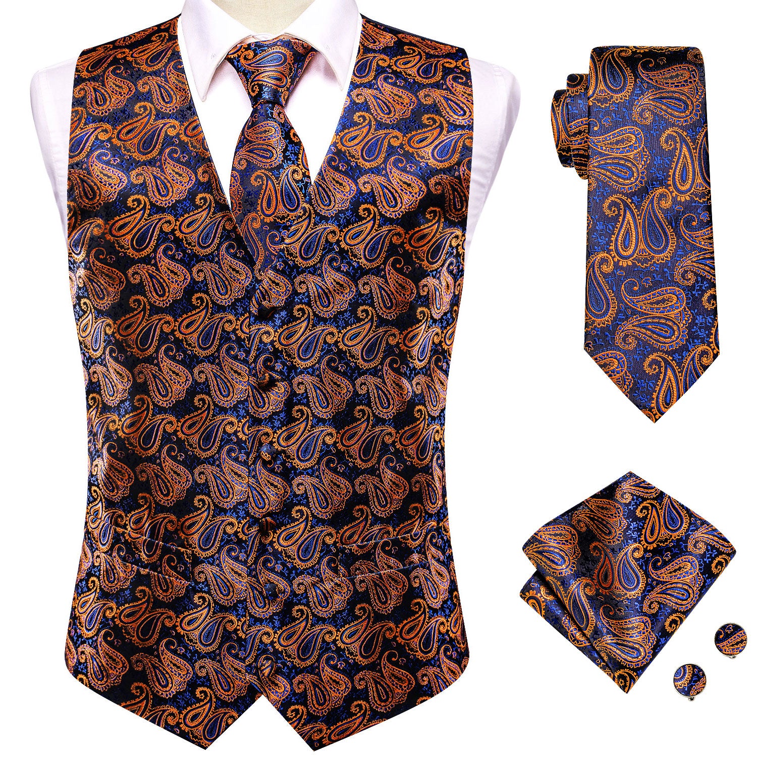 Orange Blue Paisley Silk Men's Vest Hanky Cufflinks Tie Set Waistcoat Suit Set