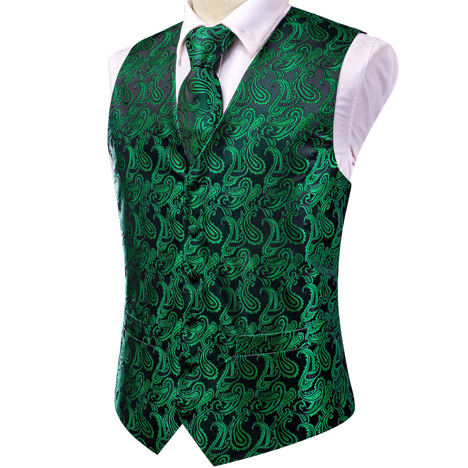 Emerald Green Paisley Silk Men's Vest Hanky Cufflinks Tie Set Waistcoat Suit Set