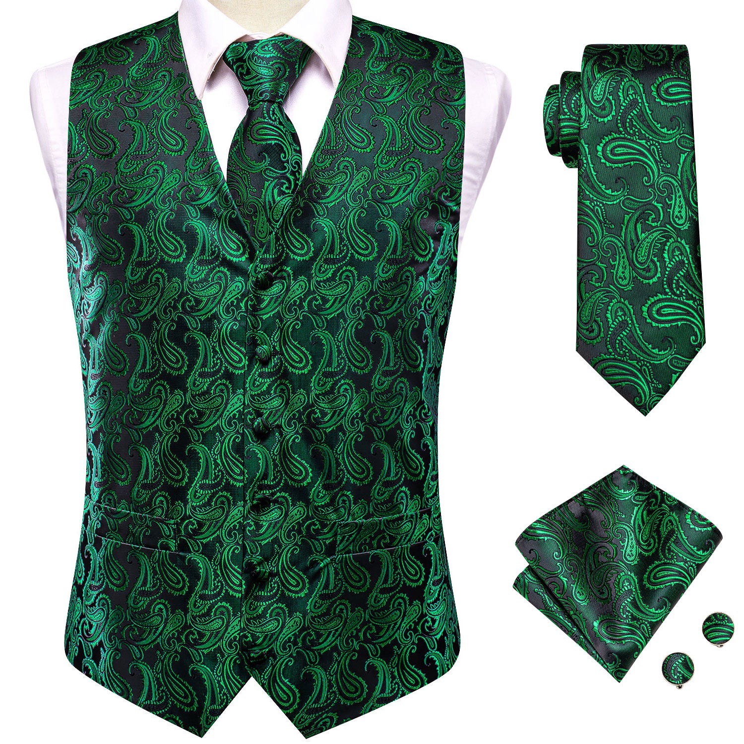 Emerald Green Paisley Silk Men's Vest Hanky Cufflinks Tie Set Waistcoat Suit Set