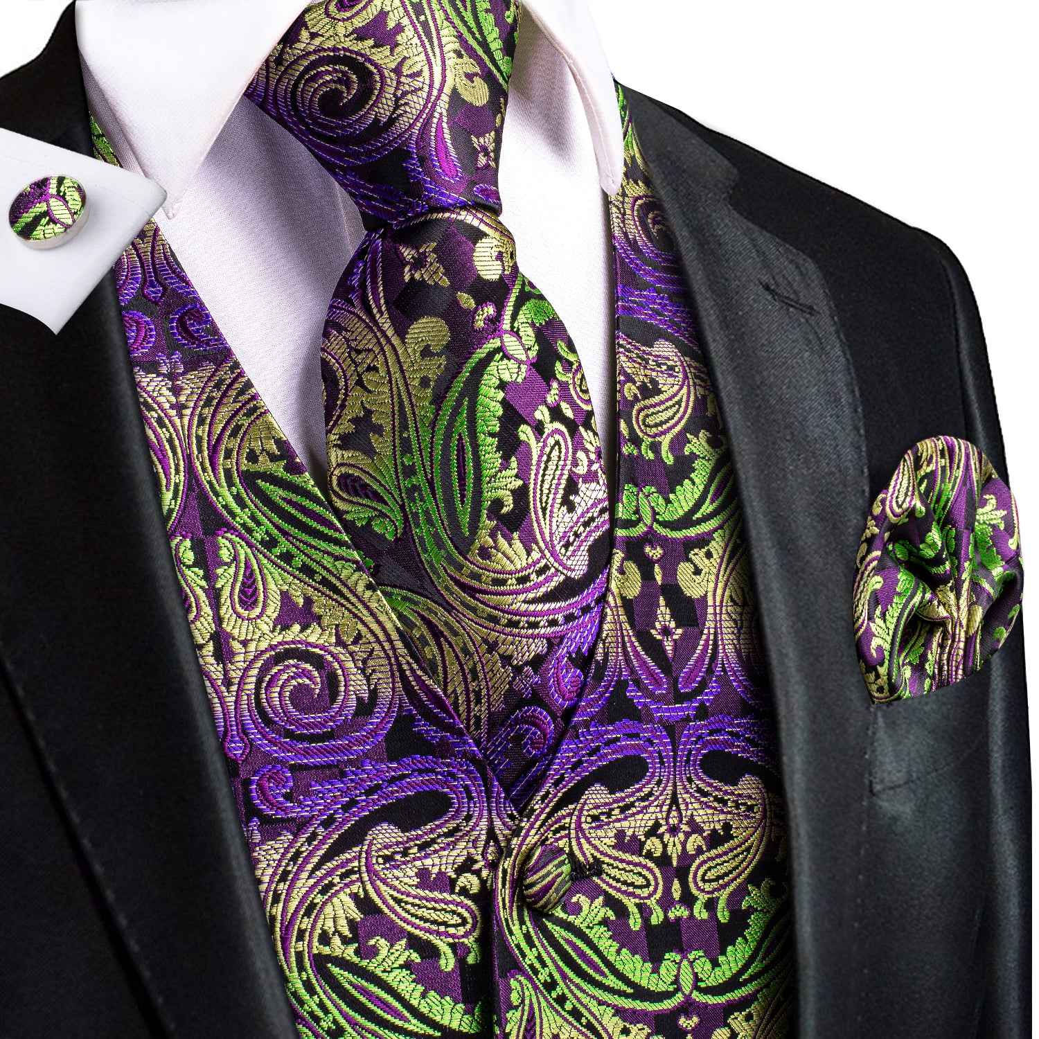 Yellow Green Purple Paisley Silk Men's Vest Hanky Cufflinks Tie Set Waistcoat Suit Set
