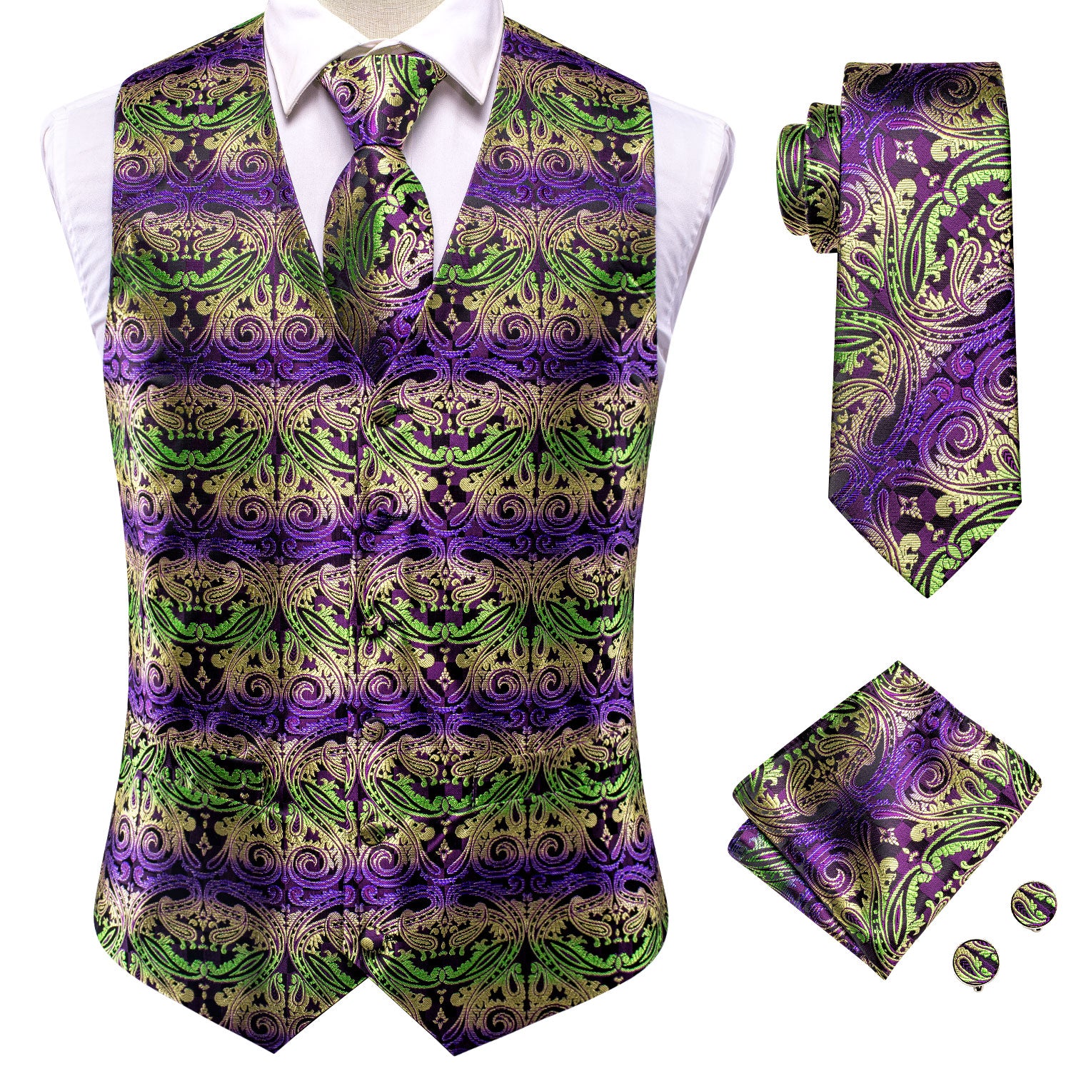 Yellow Green Purple Paisley Silk Men's Vest Hanky Cufflinks Tie Set Waistcoat Suit Set