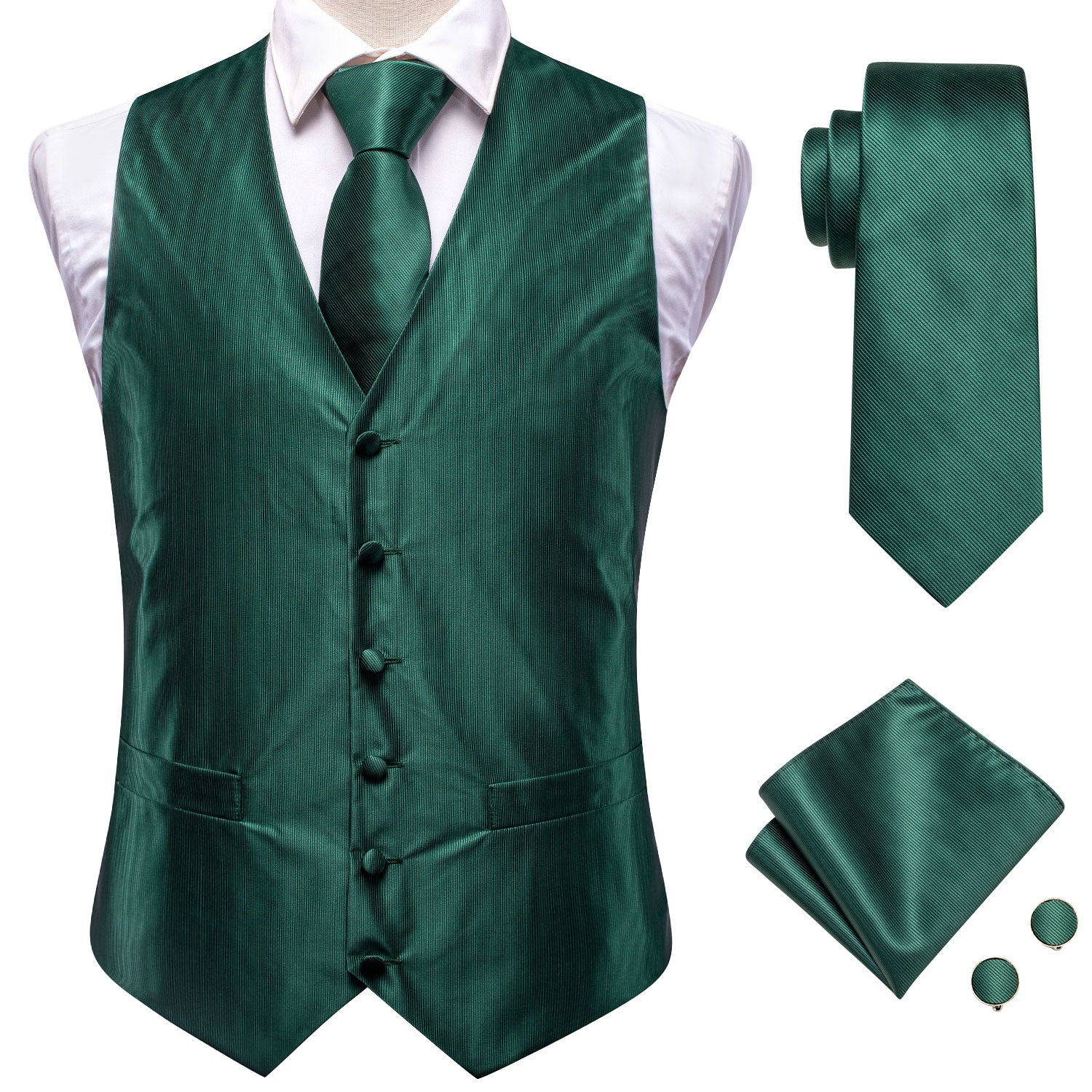 Forest Green Solid Silk Men's Vest Hanky Cufflinks Tie Set Waistcoat Suit Set