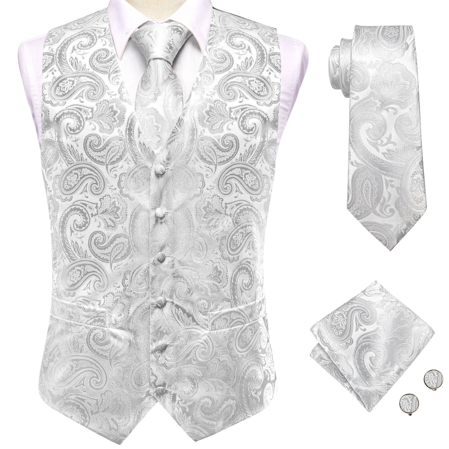 Luxury Grey White Paisley Silk Men's Vest Hanky Cufflinks Tie Set Waistcoat Suit Set
