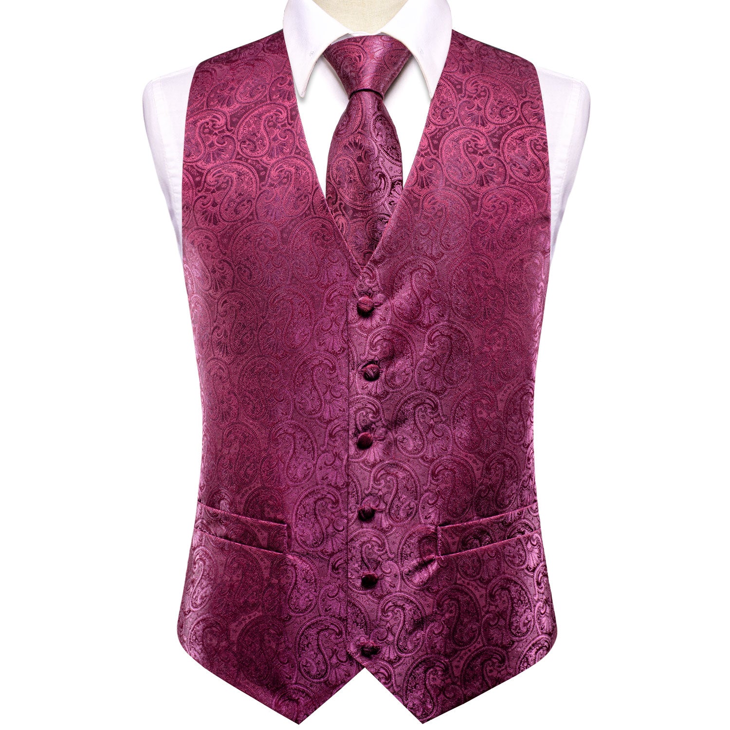 Luxury Rose Red Paisley  Silk Men's Vest Hanky Cufflinks Tie Set Waistcoat Suit Set