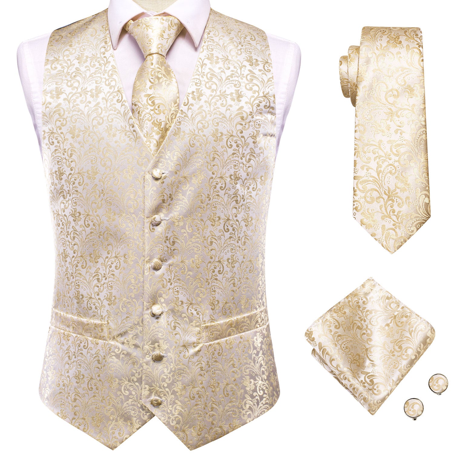 Luxury Champagne Floral Silk Men's Vest Hanky Cufflinks Tie Set Waistcoat Suit Set
