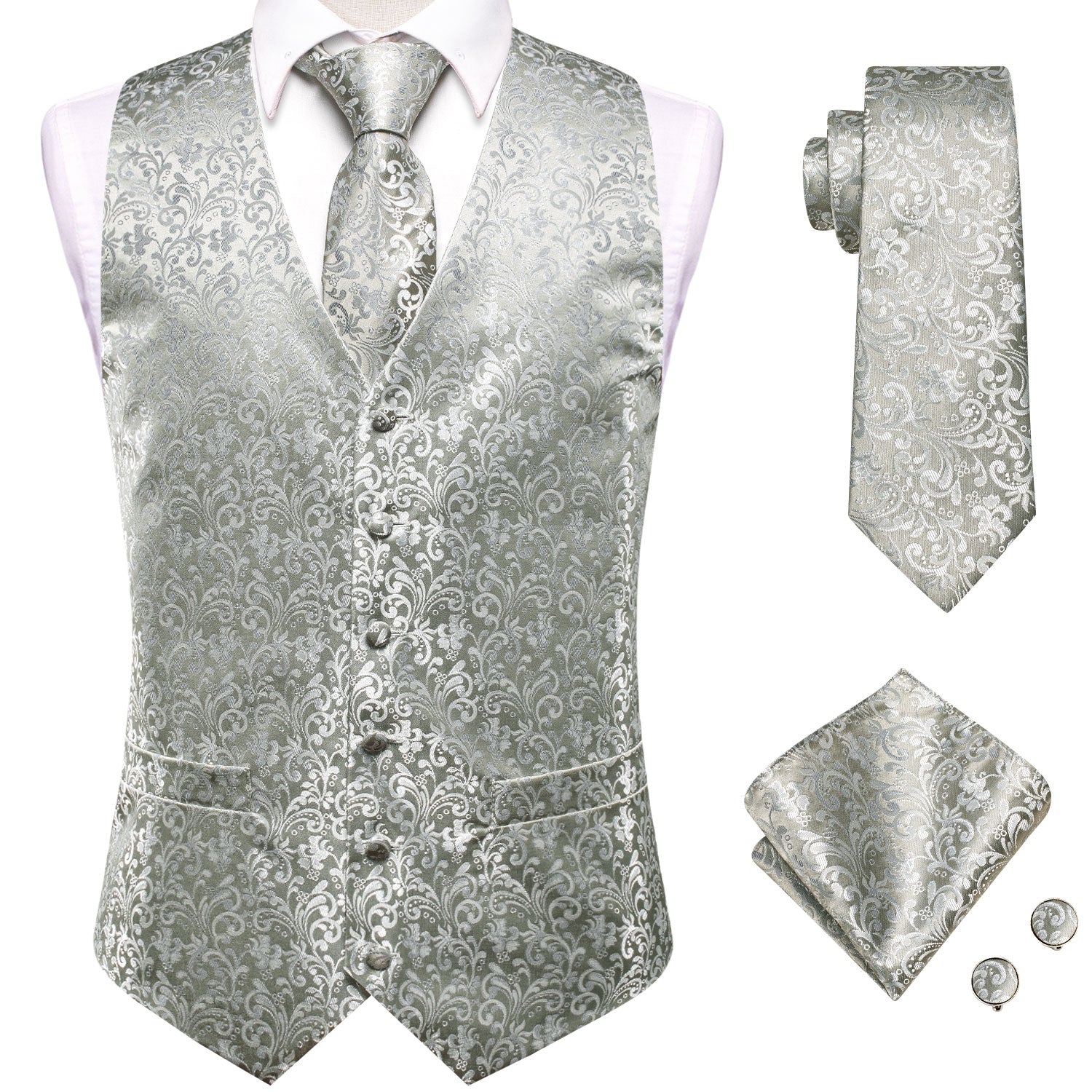 Luxury Grey Sliver Floral Silk Men's Vest Hanky Cufflinks Tie Set Waistcoat Suit Set