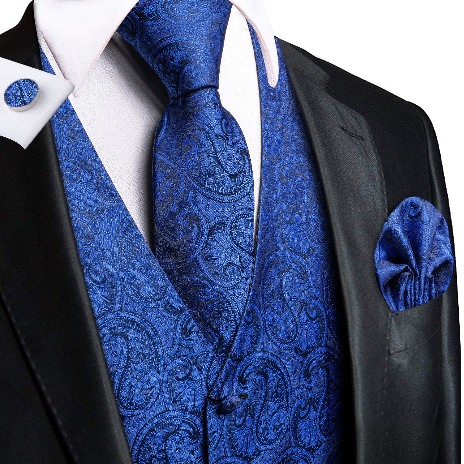 Luxury Navy Blue Paisley Silk Men's Vest Hanky Cufflinks Tie Set Waistcoat Suit Set