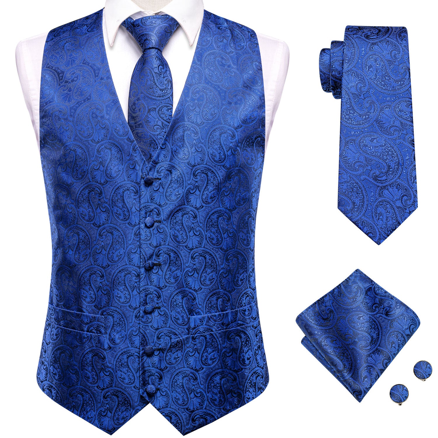 Luxury Navy Blue Paisley Silk Men's Vest Hanky Cufflinks Tie Set Waistcoat Suit Set