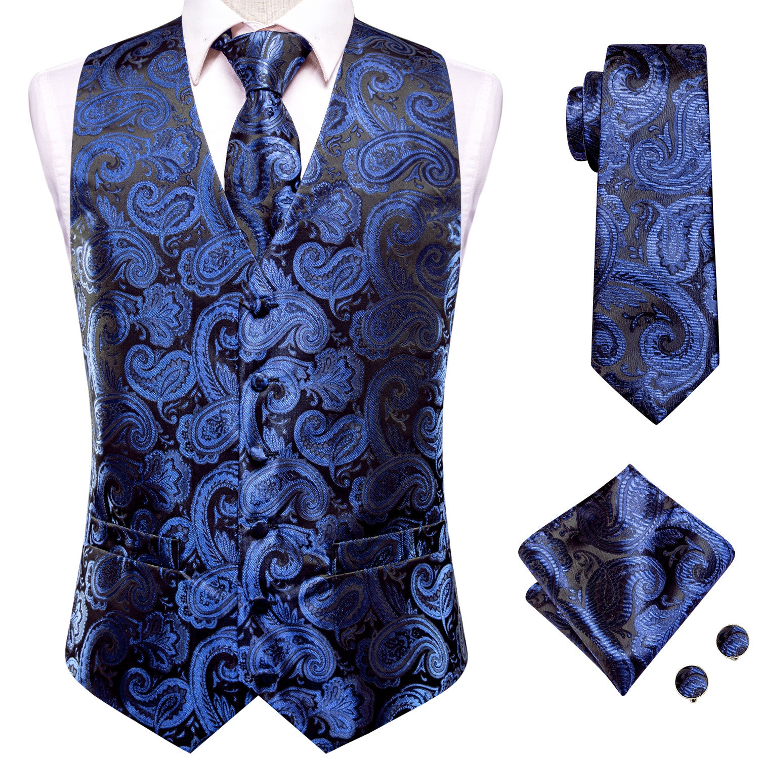 Luxury Deep Blue Black Paisley Silk Men's Vest Hanky Cufflinks Tie Set Waistcoat Suit Set