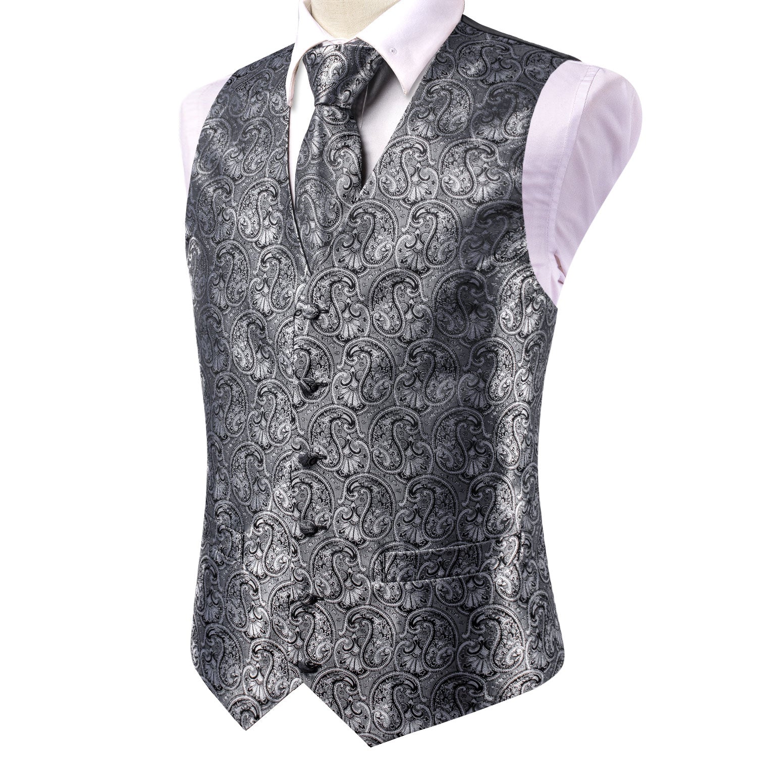 Luxury Grey Black Paisley Silk Men's Vest Hanky Cufflinks Tie Set Waistcoat Suit Set