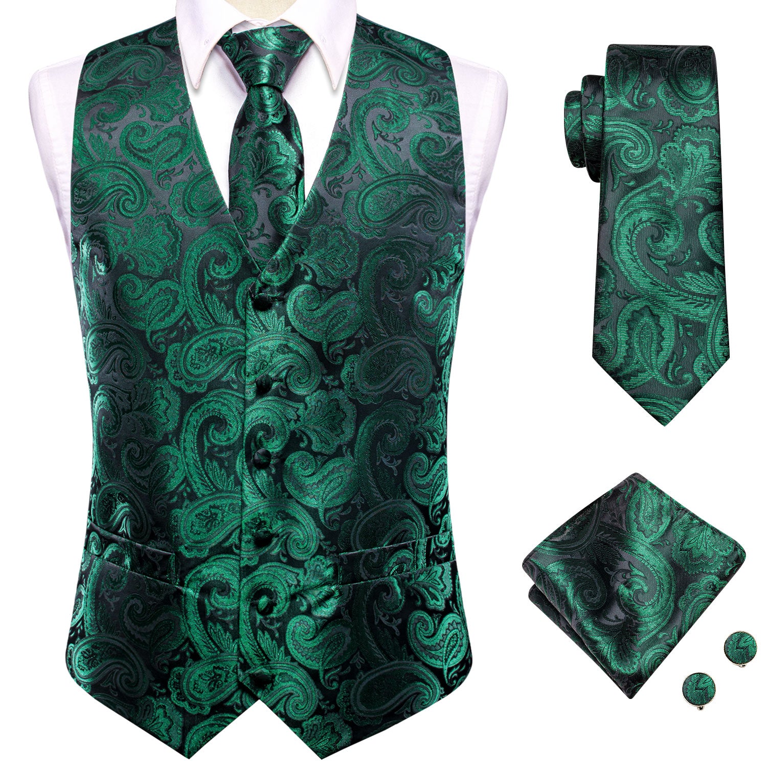Luxury Emerald Green Paisley Silk Men's Vest Hanky Cufflinks Tie Set Waistcoat Suit Set