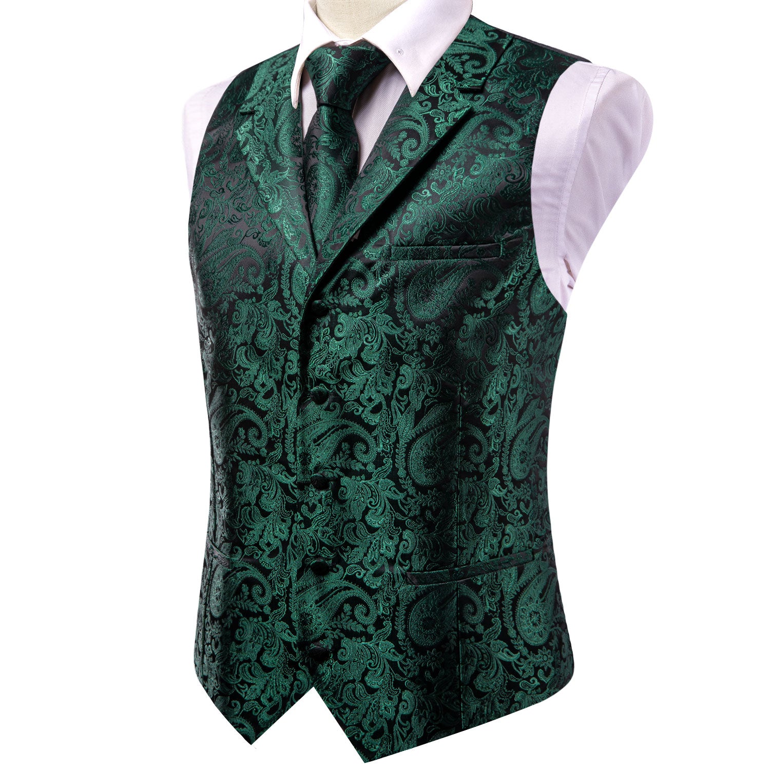Emerald Green Paisley Silk Men's Collar Vest Hanky Cufflinks Tie Set Waistcoat Suit Set