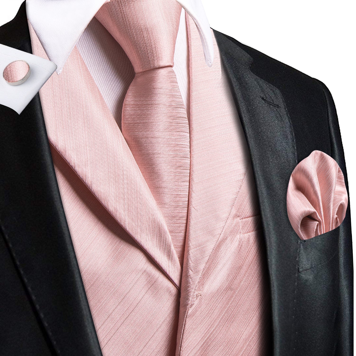 Baby Pink Solid Silk Men's Collar Vest Hanky Cufflinks Tie Set Waistcoat Suit Set