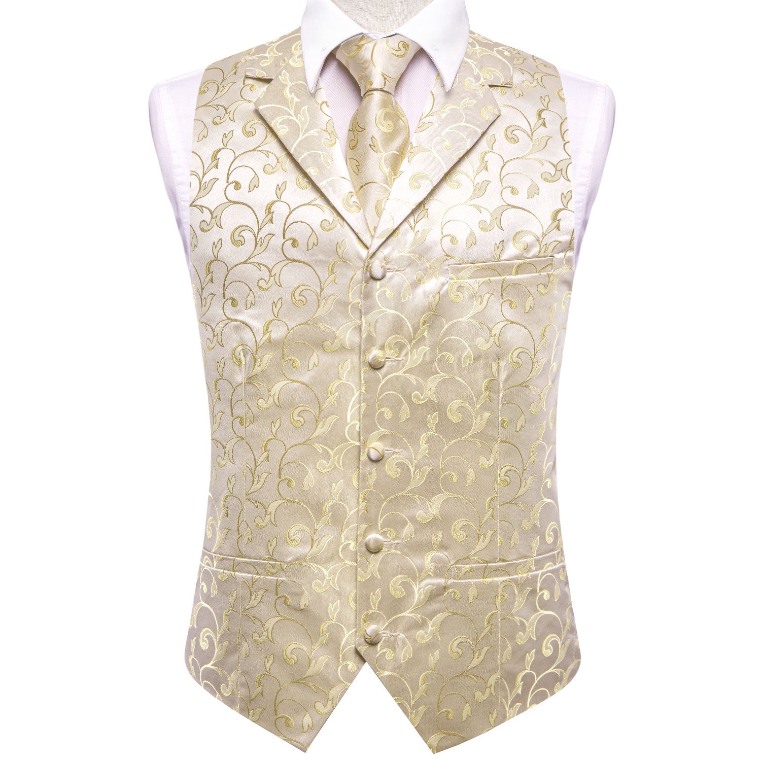 Champagne Golden Floral Silk Men's Collar Vest Hanky Cufflinks Tie Set Waistcoat Suit Set