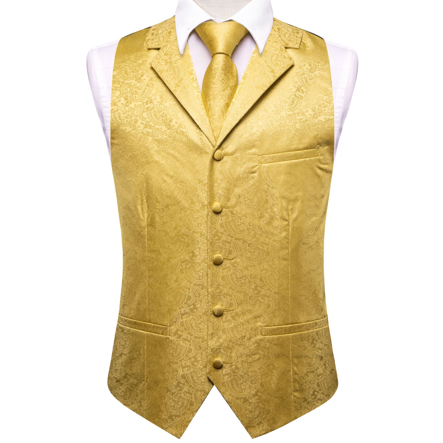 Luxury Yellow Floral Silk Men's Collar Vest Hanky Cufflinks Tie Set Waistcoat Suit Set