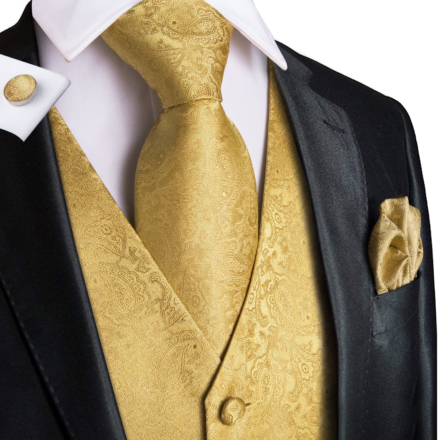 Luxury Pure Golden Paisley Jacquard Silk Men's Vest Hanky Cufflinks Tie Set Waistcoat Suit Set