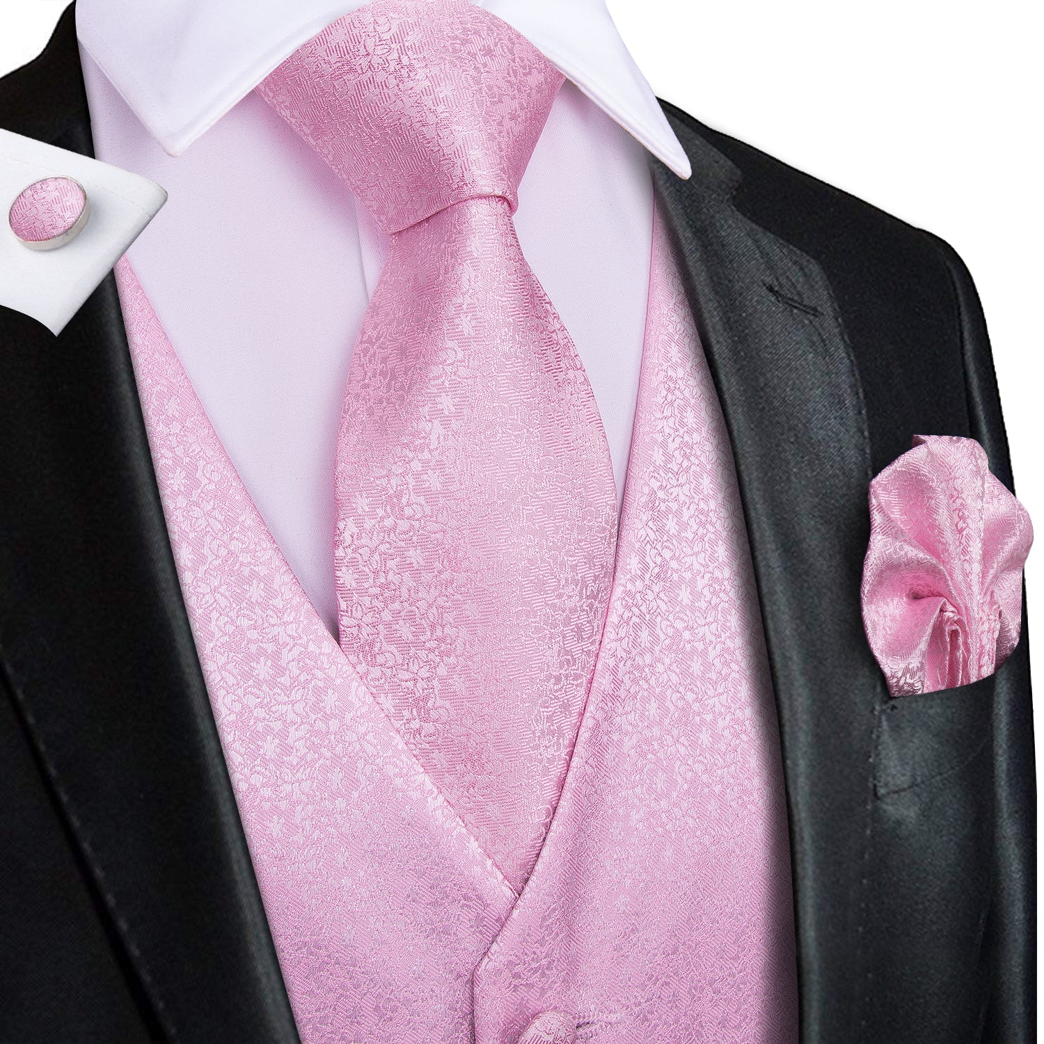 Peach Pink Floral Paisley Jacquard Silk Men's Vest Hanky Cufflinks Tie Set Waistcoat Suit Set
