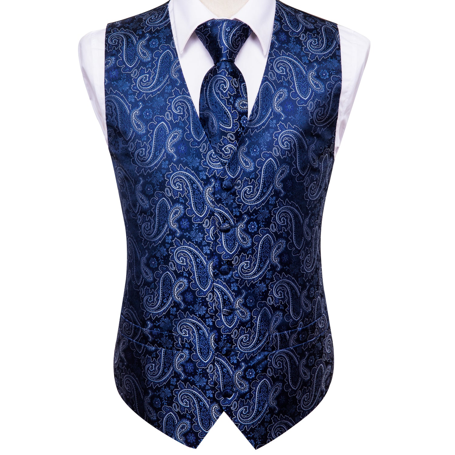 Blue Paisley Silk Men's Vest Hanky Cufflinks Tie Set Waistcoat Suit Set