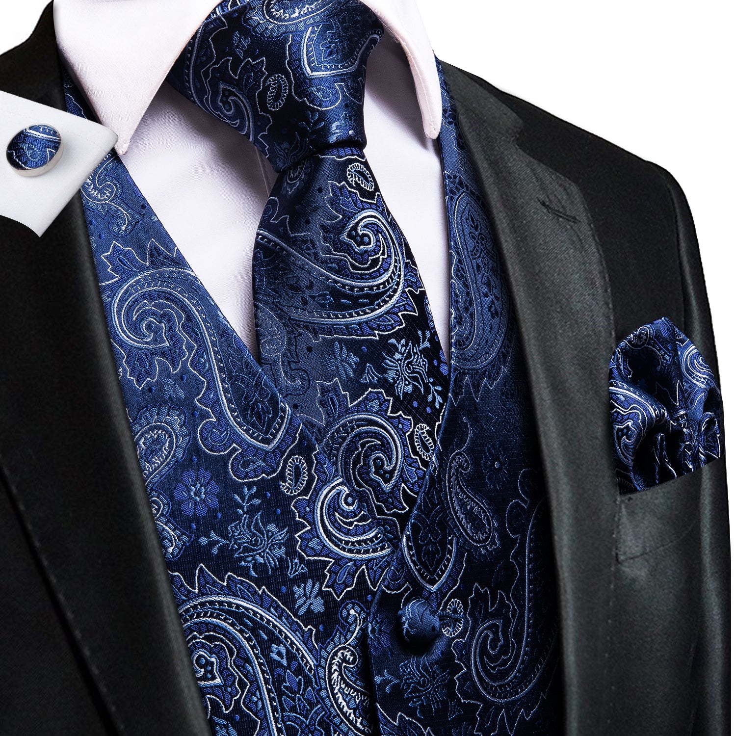 Blue Paisley Silk Men's Vest Hanky Cufflinks Tie Set Waistcoat Suit Set, S Blue Paisley Silk Men's Vest Hanky Cufflinks Tie Set Waistcoat Suit Set, S