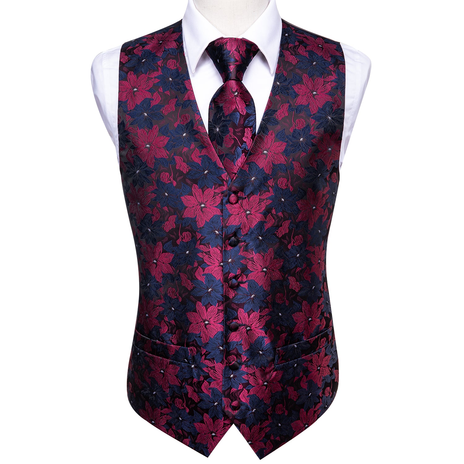Black Blue Red Floral Silk Men's Vest Hanky Cufflinks Tie Set Waistcoat Suit Set
