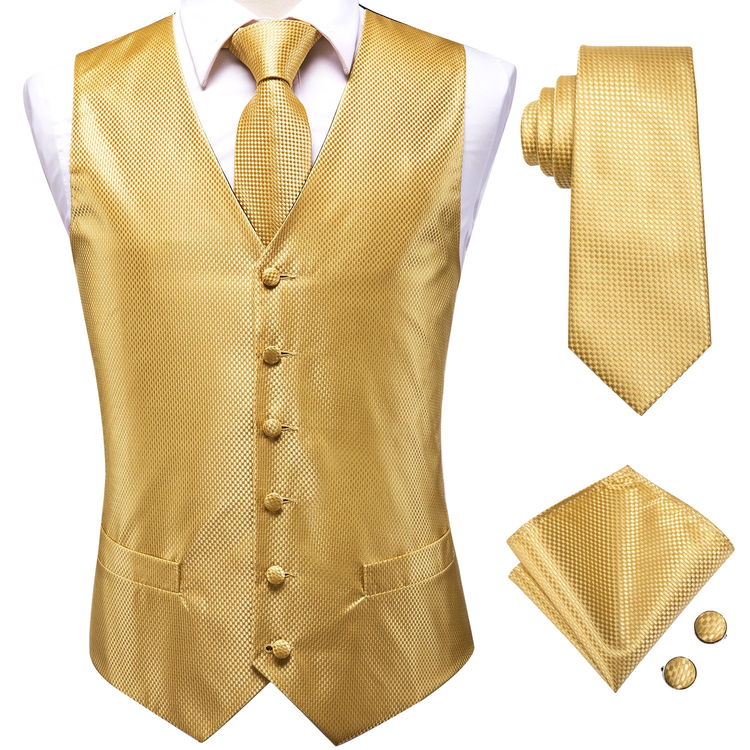Golden Plaid Silk Men's Vest Hanky Cufflinks Tie Set Waistcoat Suit Set