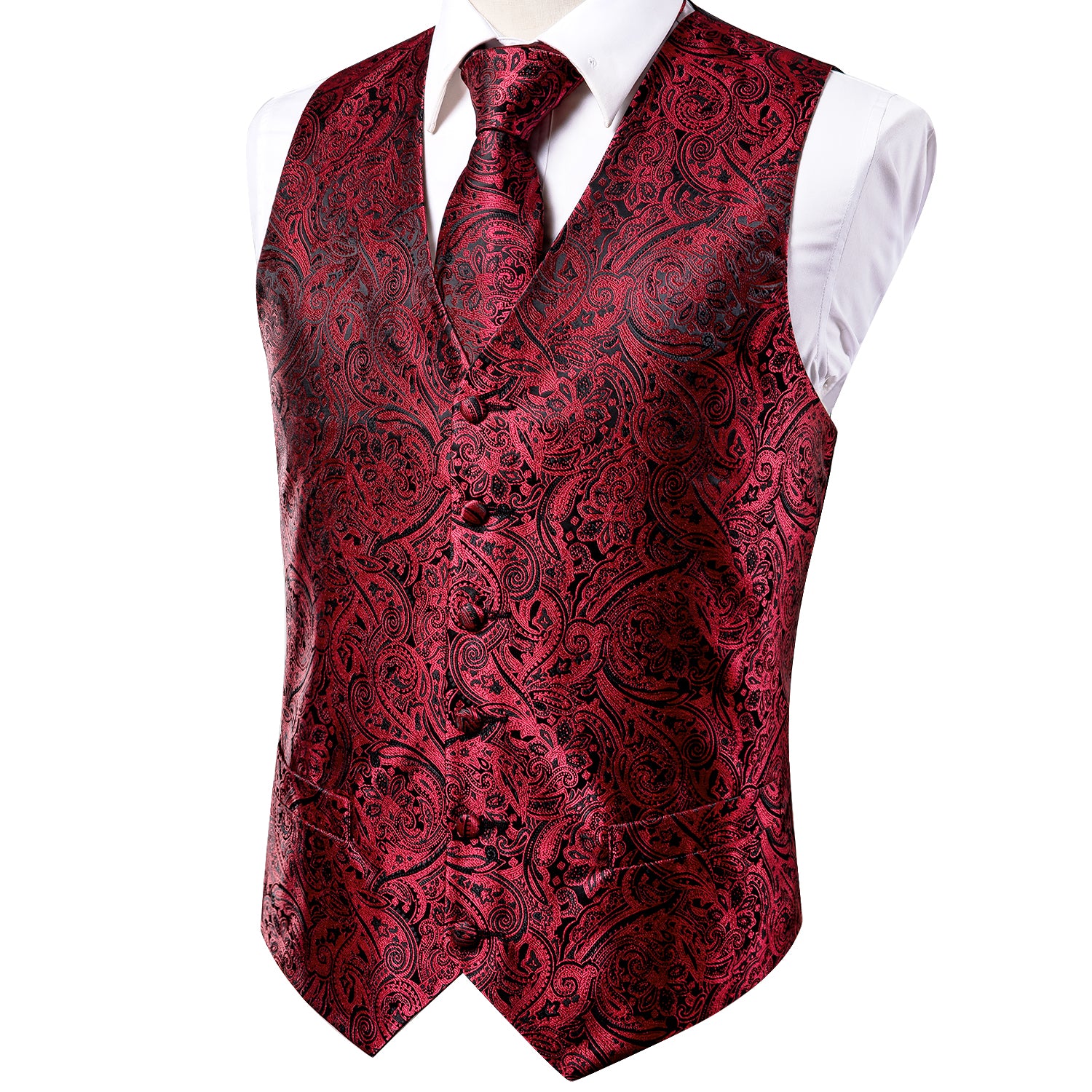 Red Black Paisley Silk Men's Vest Hanky Cufflinks Tie Set Waistcoat Suit Set