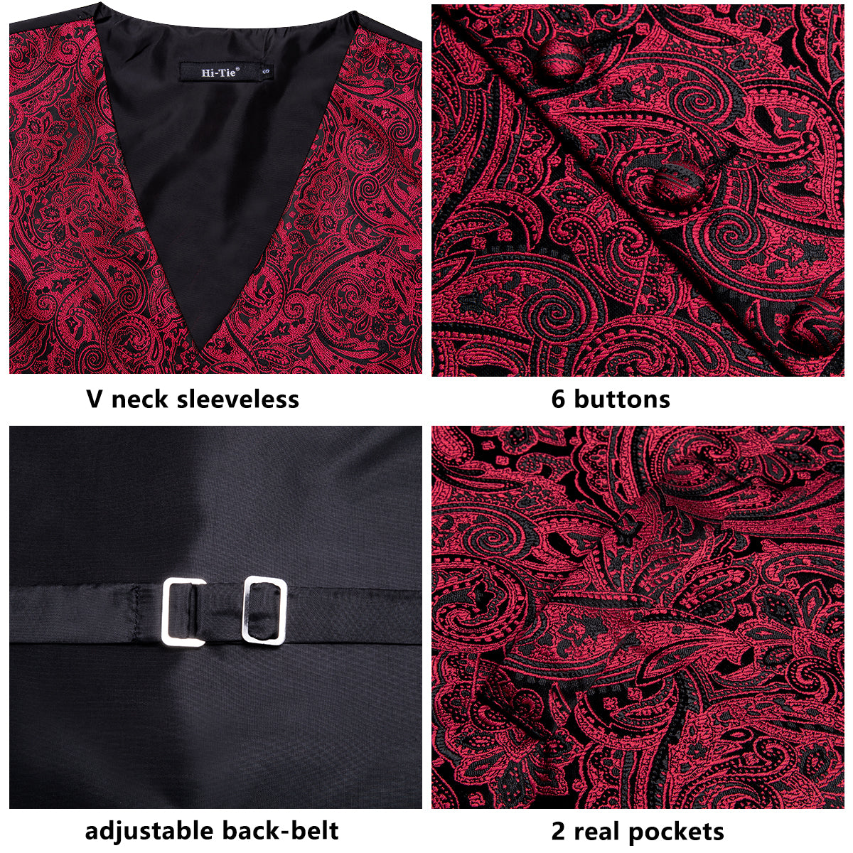 Red Black Paisley Silk Men's Vest Hanky Cufflinks Tie Set Waistcoat Suit Set