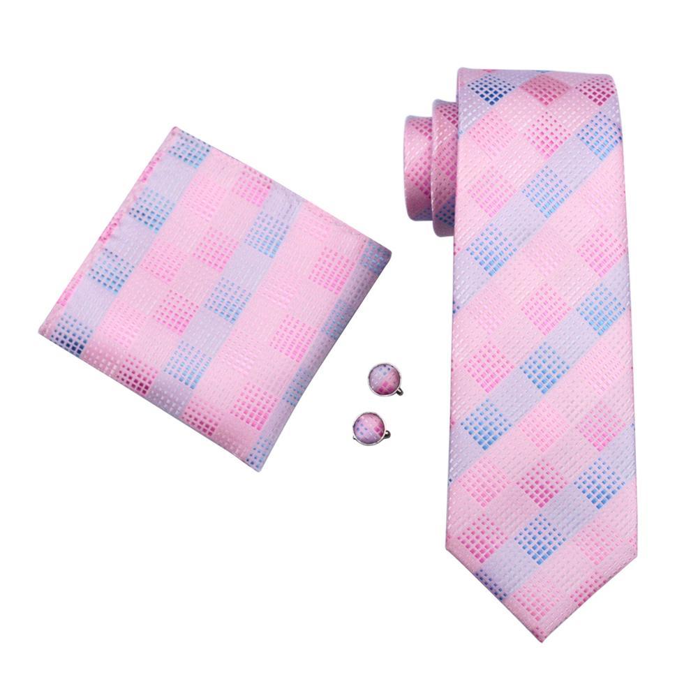Light Pink Blue Plaid Silk Men's Tie Pocket Square Cufflinks Set