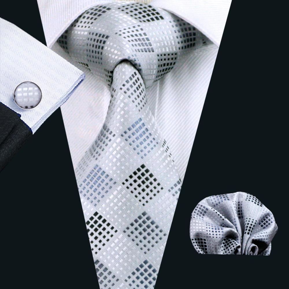 Silver White Plaid Silk Men's Tie Pocket Square Cufflinks Set