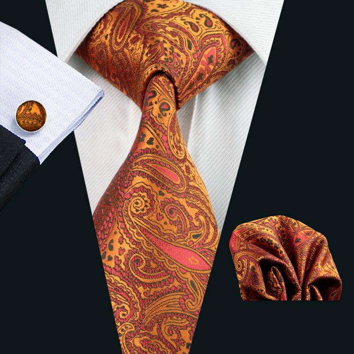 Ochre Orange Paisley Silk Men's Tie Pocket Square Cufflinks Set