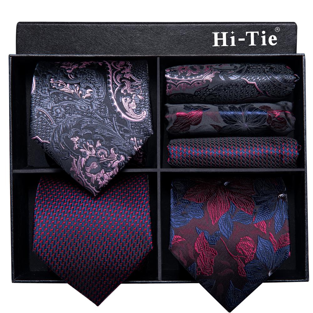 Luxury Red Black Floral Tie Pocket Square Cufflinks Gift Box Set
