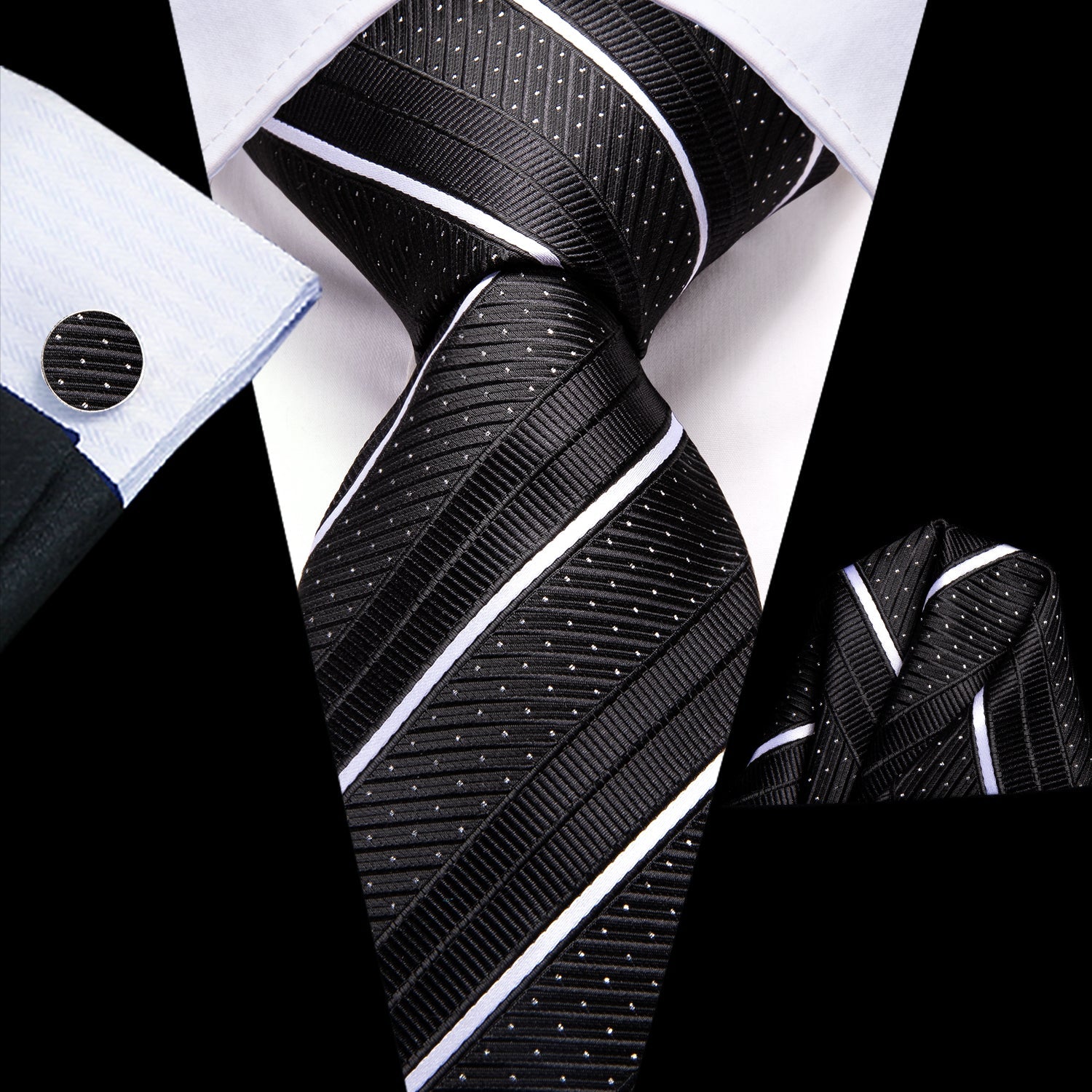 Black Strip with White Dot 70 Inches Extra Long Necktie Pocket Square Cufflinks Set