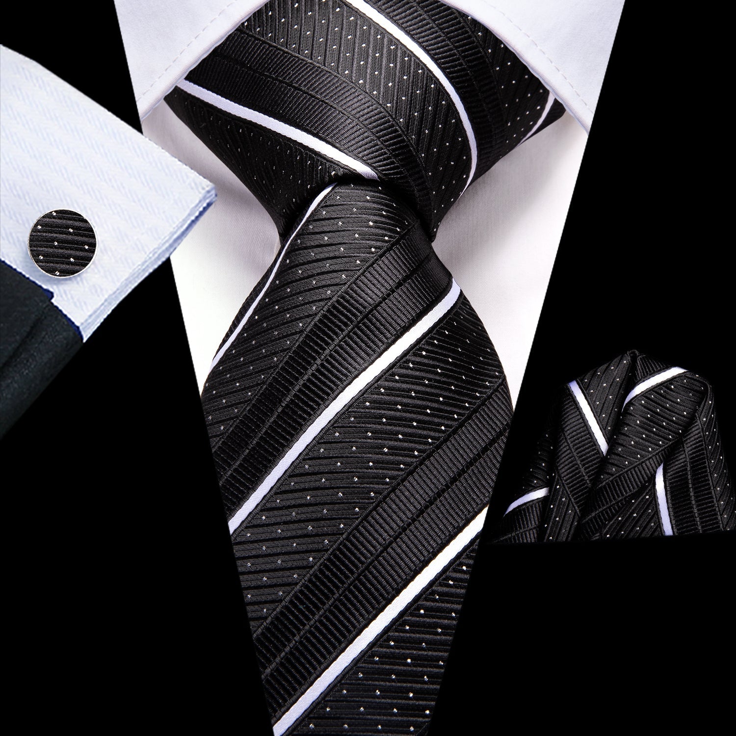 Hi-Tie Black Strip White Dots 67 " Necktie Pocket Square Cufflinks Set