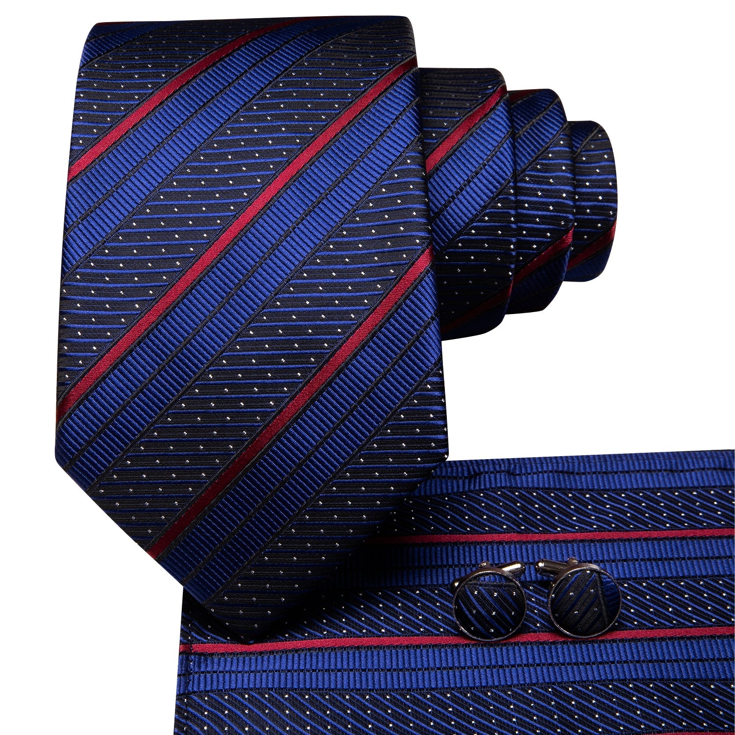 Blue Red Stripes with White Dot 67" XL Tie Hanky Cufflinks Set