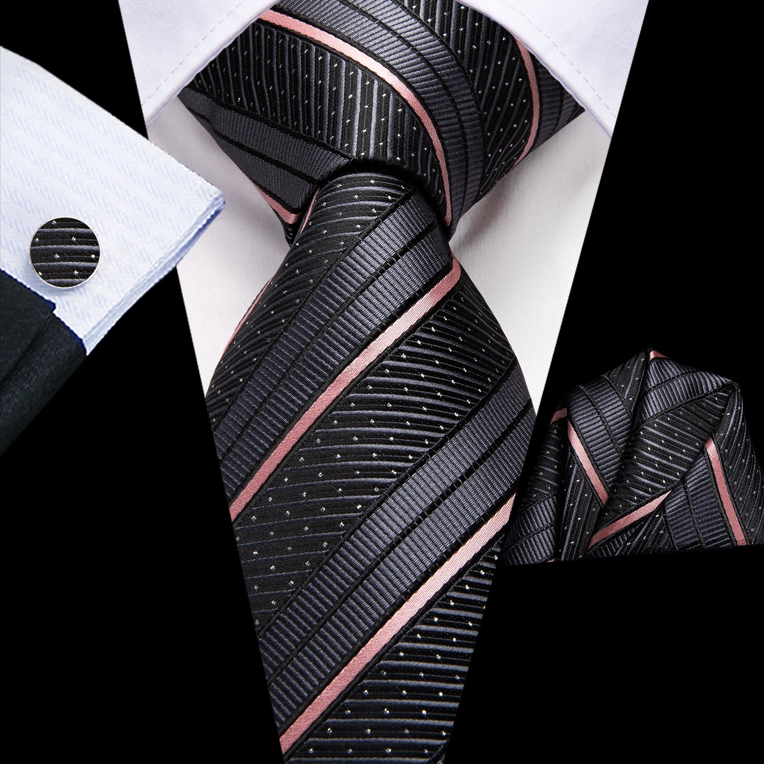 Grey Pink Strip with White Dot Necktie Pocket Square Cufflinks Set