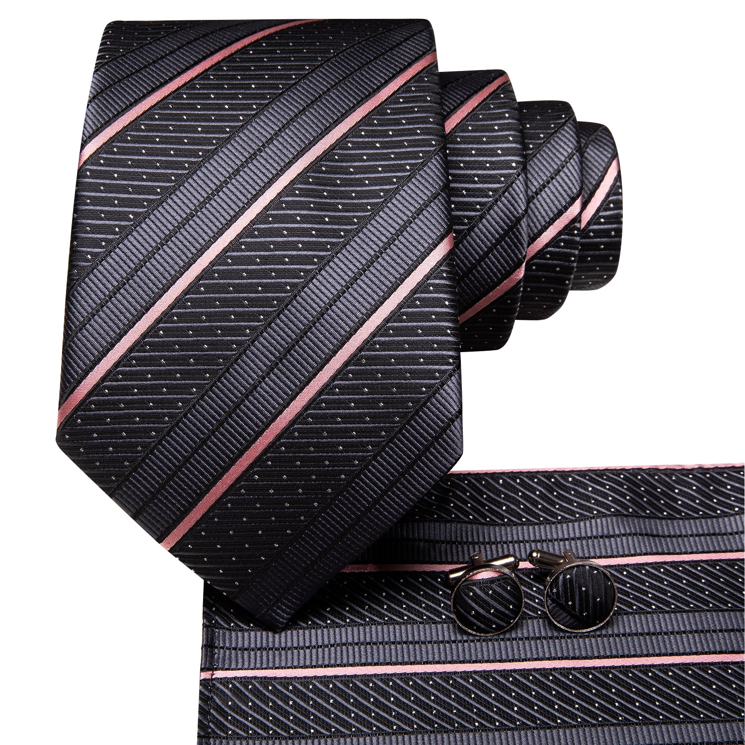Grey Pink Strip with White Dot Necktie Pocket Square Cufflinks Set