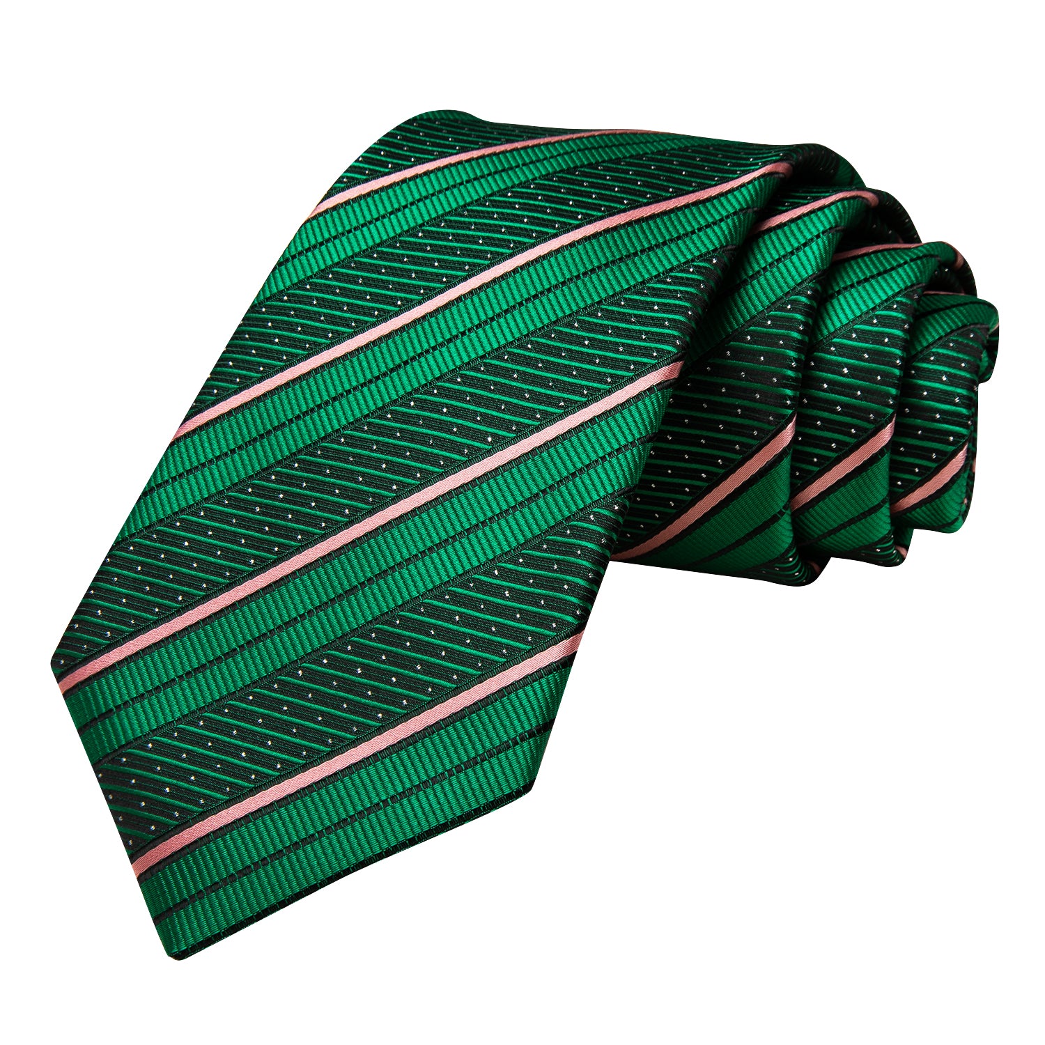Green Pink Strip with White Dot Necktie Pocket Square Cufflinks Set