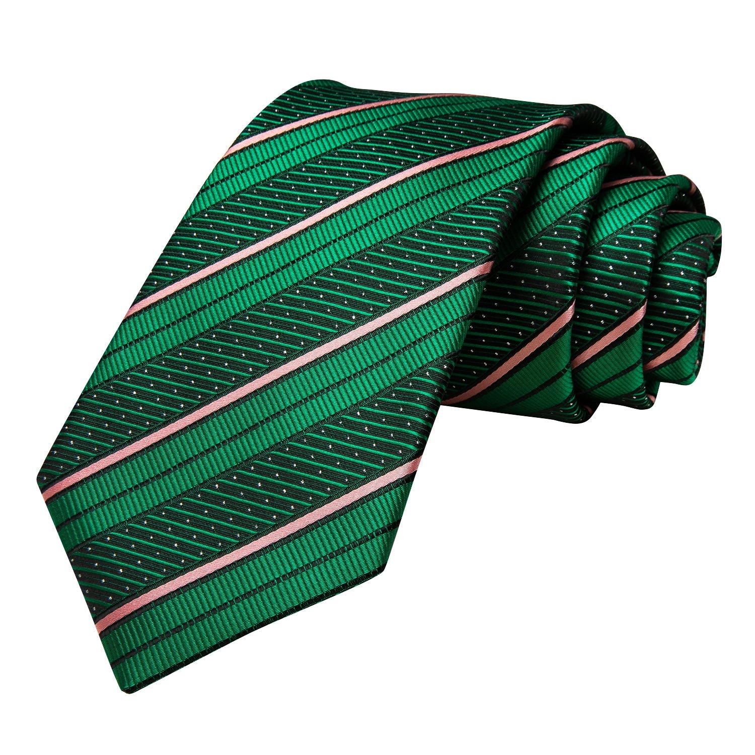 Green Pink Strip with White Dot 70 Inches Extra Long Necktie Pocket Square Cufflinks Set