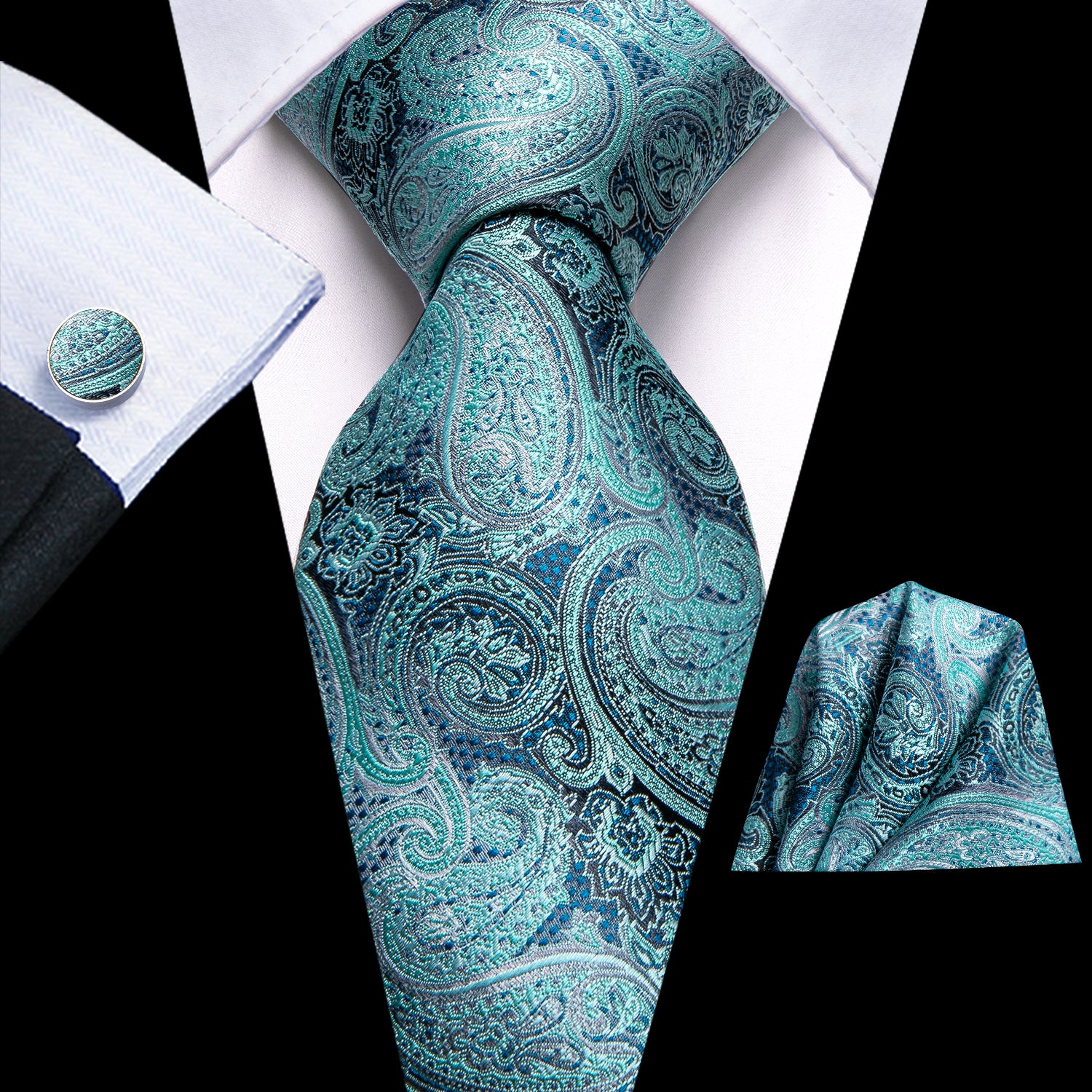 Teal Turquoise Blue Paisley Necktie Pocket Square Cufflinks Set