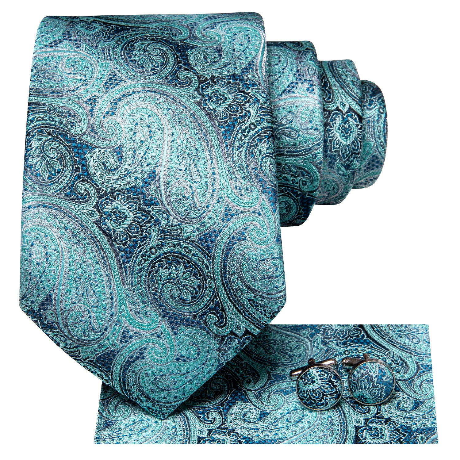 Teal Turquoise Blue Paisley Necktie Pocket Square Cufflinks Set