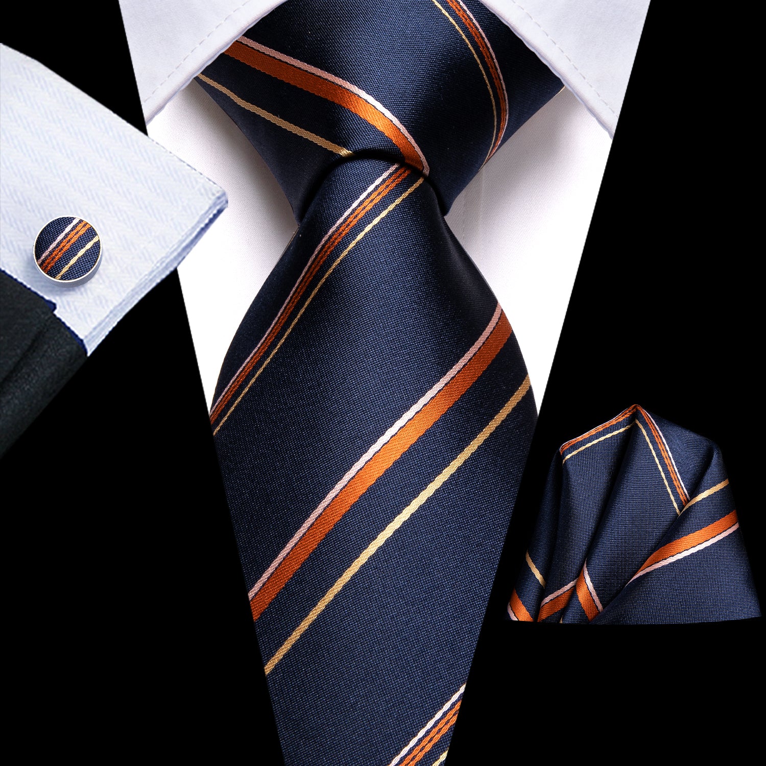 Blue Colorful Strip Necktie Pocket Square Cufflinks Set