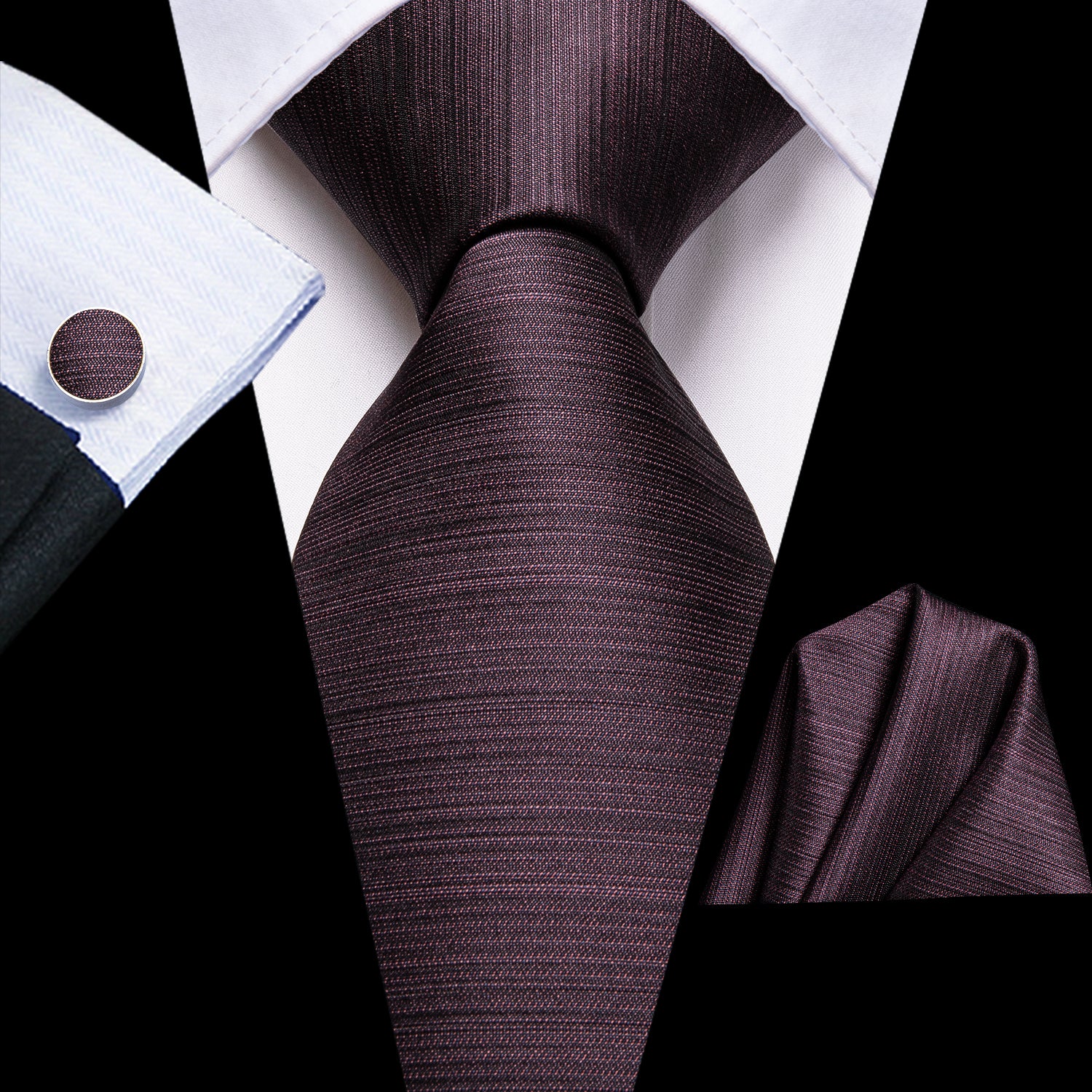 Red Brown Solid Necktie Pocket Square Cufflinks Set