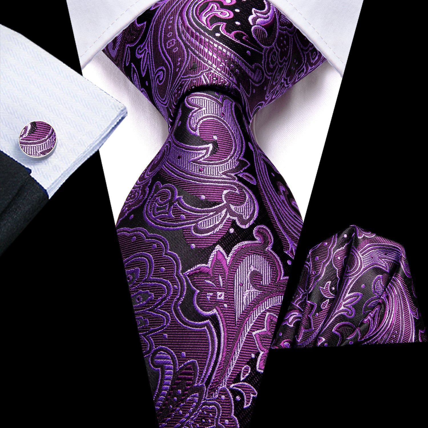 Black Purple Paisley Tie Pocket Square Cufflinks Set