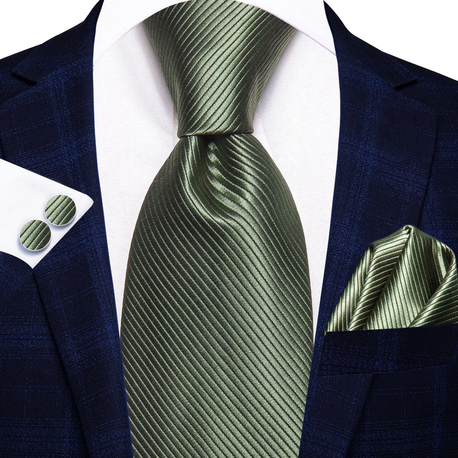 Sage Green Solid Silk Tie Pocket Square Cufflinks Set