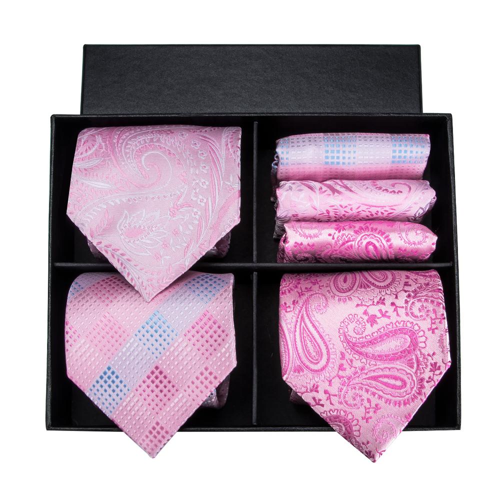 Pink Paisley Plaid Tie Pocket Square Cufflinks Gift Box Set