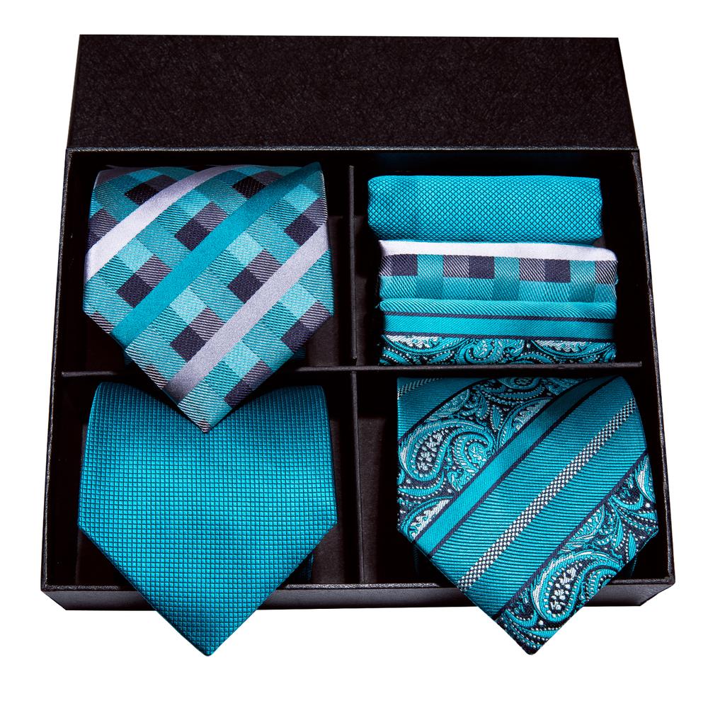 Blue Plaid Solid Tie Pocket Square Cufflinks Gift Box Set
