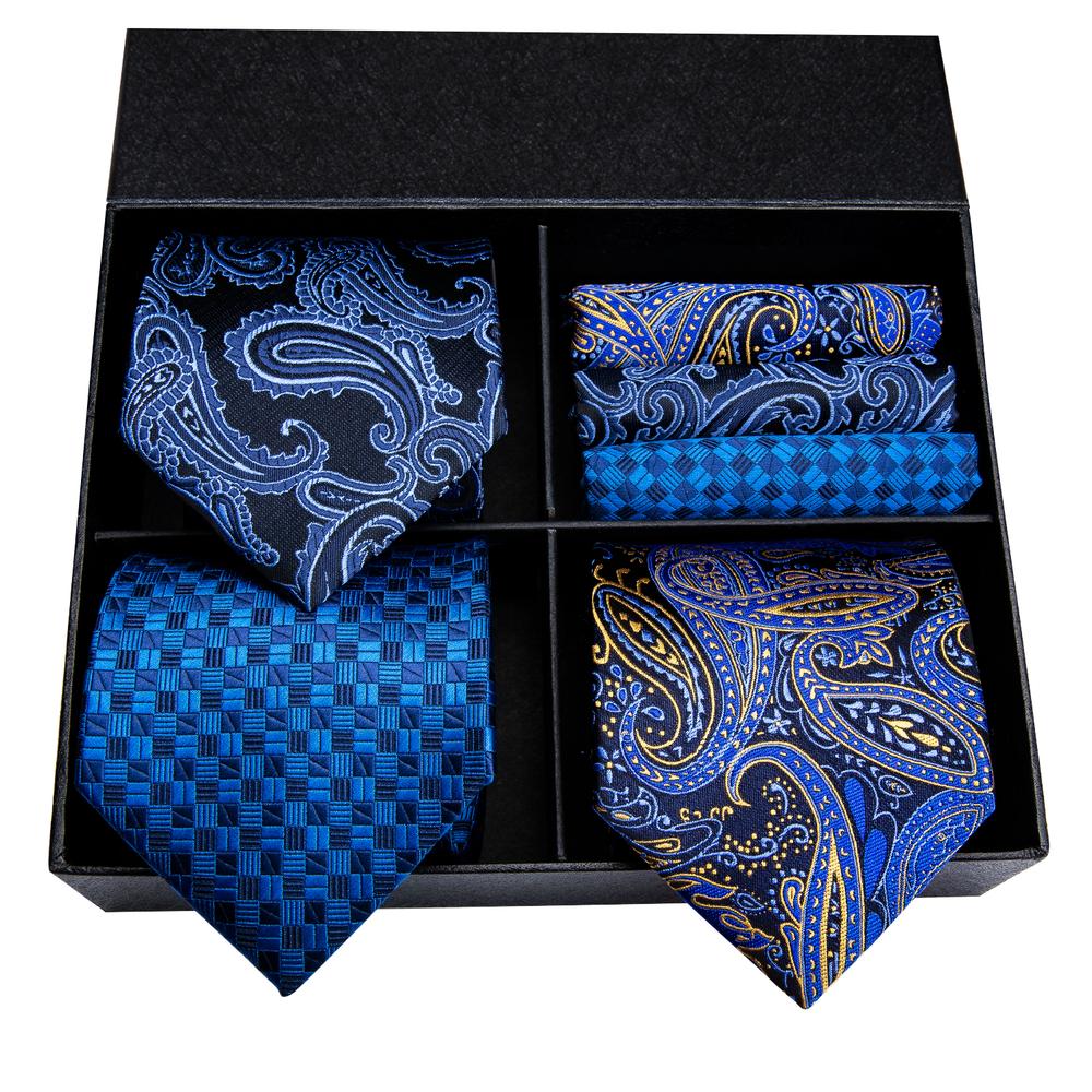 Luxury Blue Paisley Plaid Tie Pocket Square Cufflinks Gift Box Set