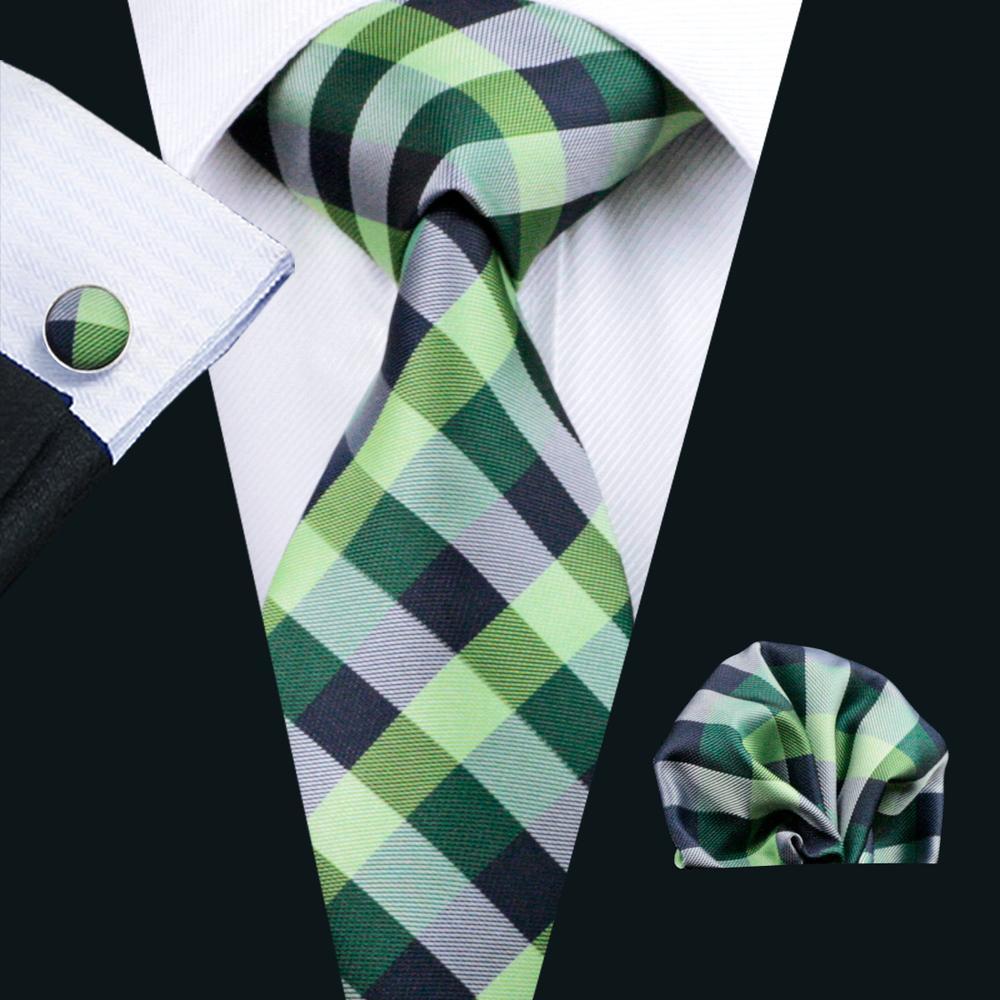 Green Plaid Silk 63 Inch Extra Long Men Tie Hanky Cufflinks Set