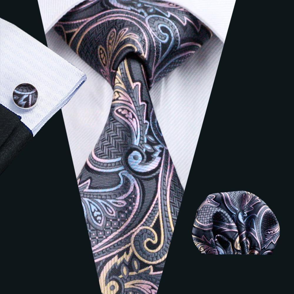 Silver Grey Paisley Silk Men's Tie Pocket Square Cufflinks Set