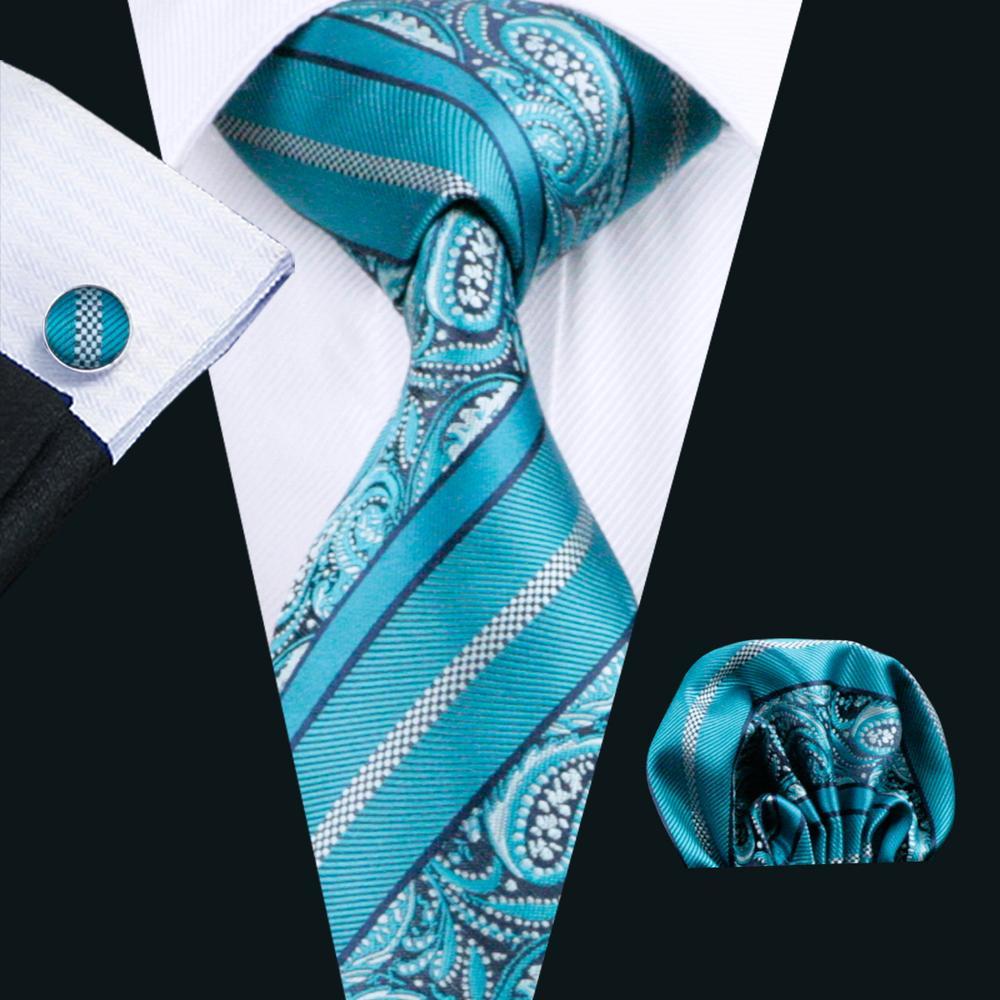 Cyan Paisley Silk Extra Long 63" Tie Handkerchief Cufflinks Set